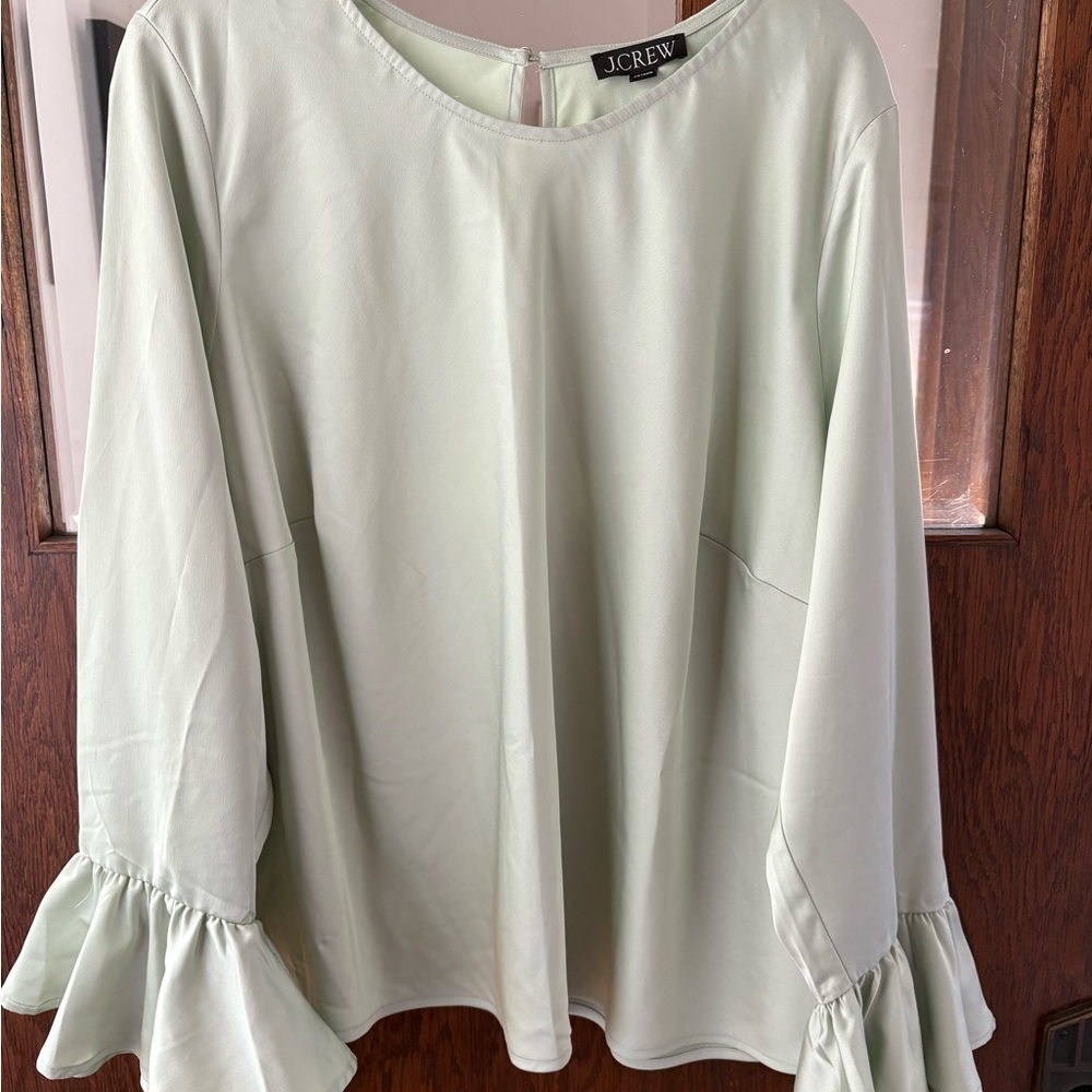 J. Crew Women's Mint Green Blouse with Ruffle Sleeves